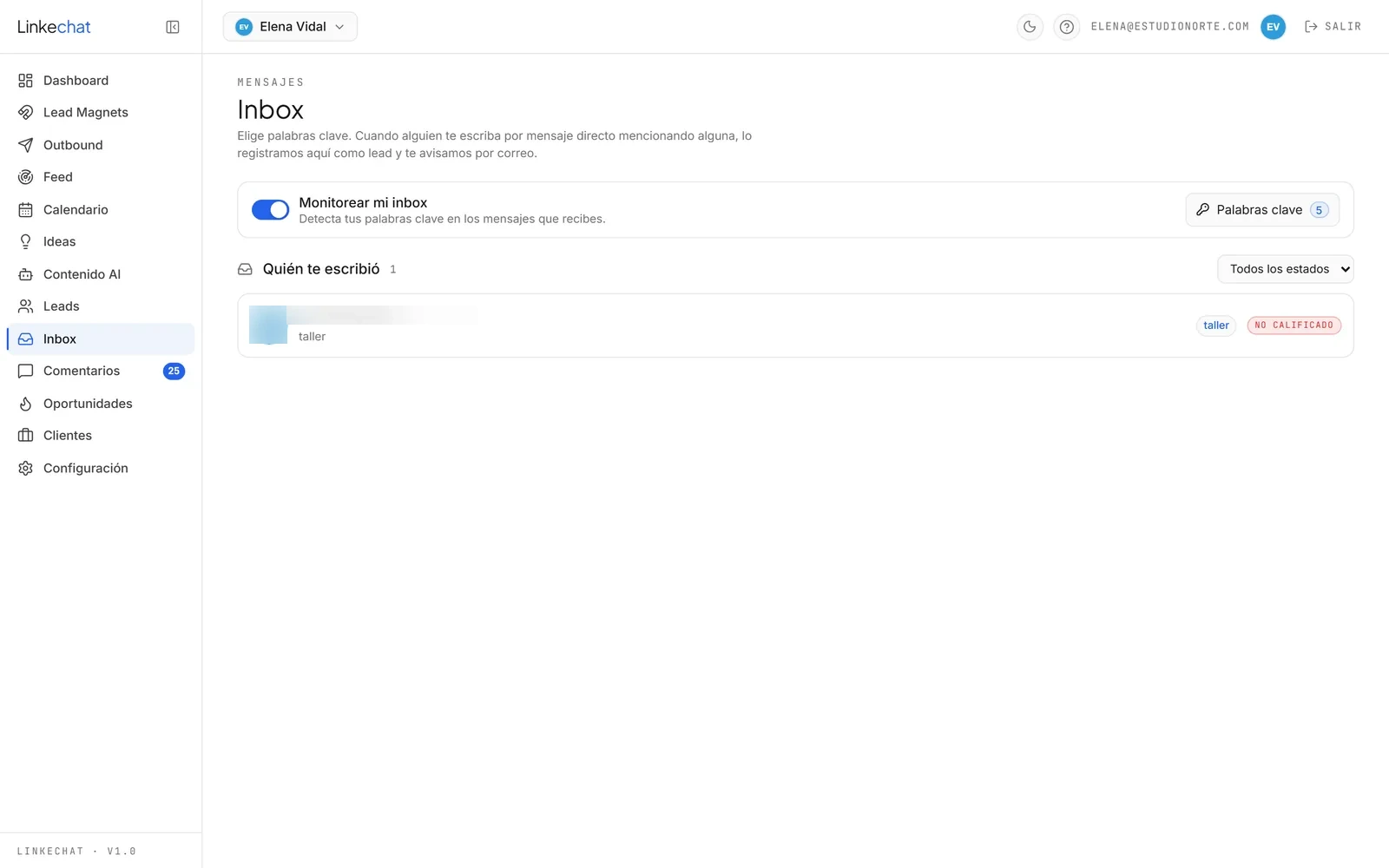 Pantalla de Inbox en LinkeChat