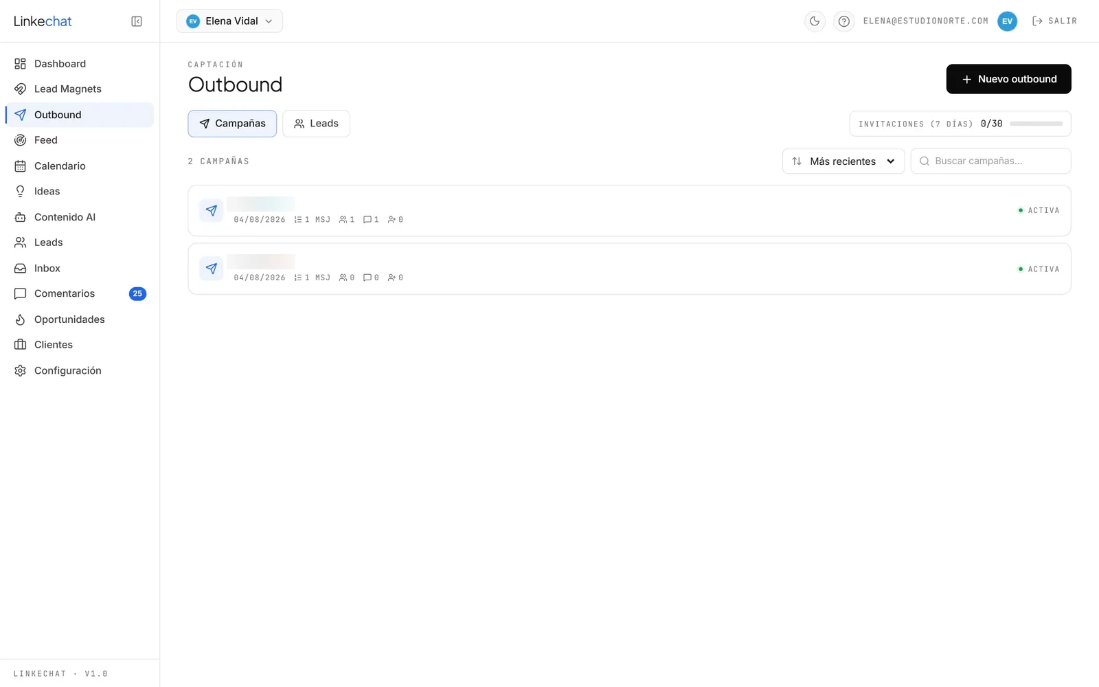 Pantalla de Outbound en LinkeChat