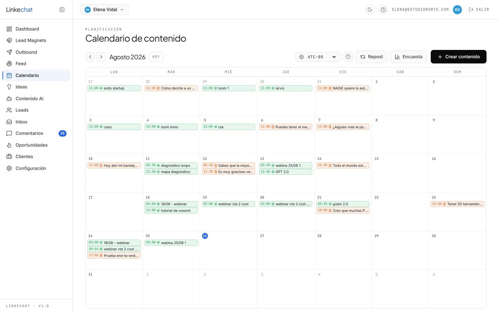 Pantalla de Calendario en Linkechat