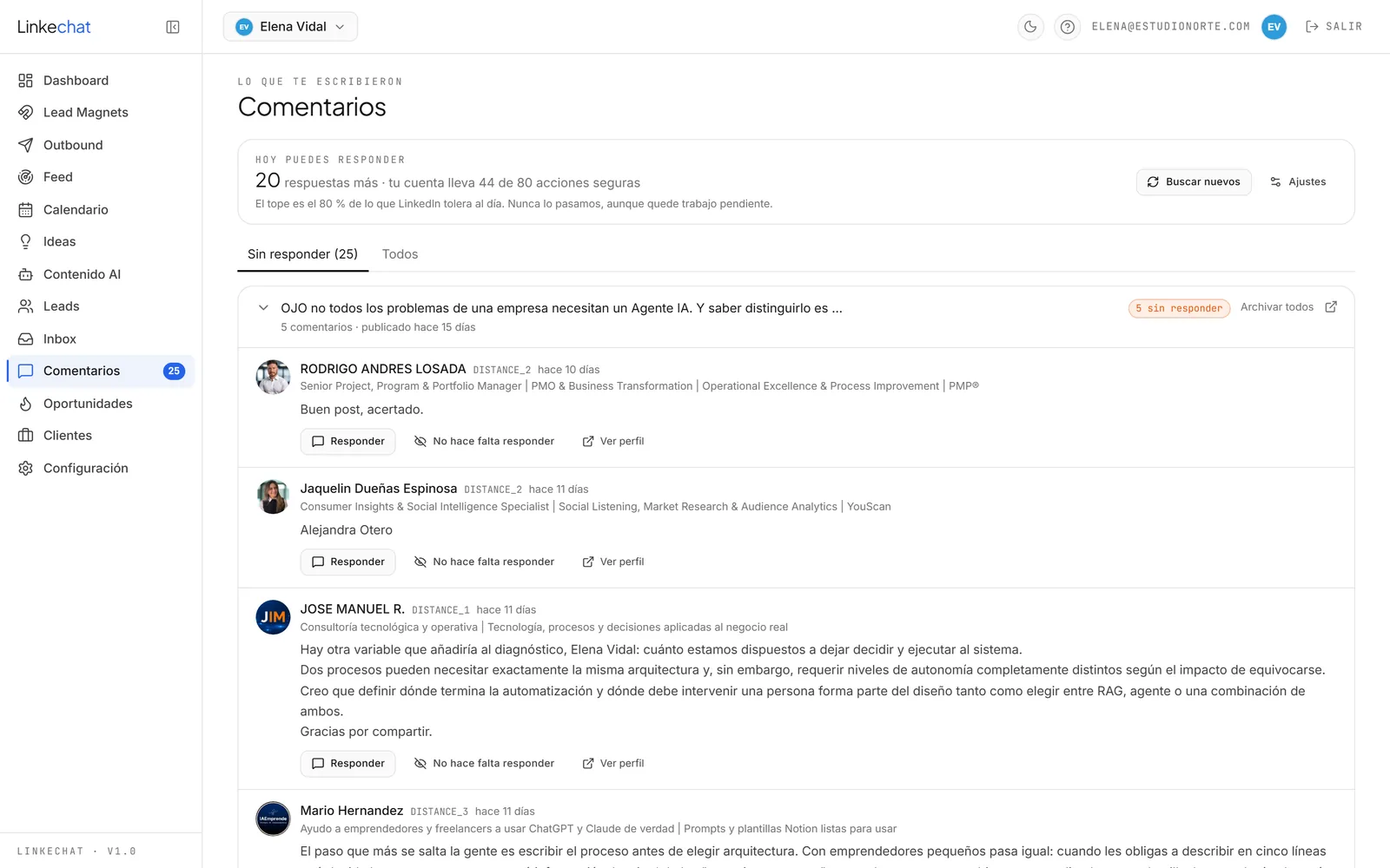 Pantalla de Comentarios en Linkechat