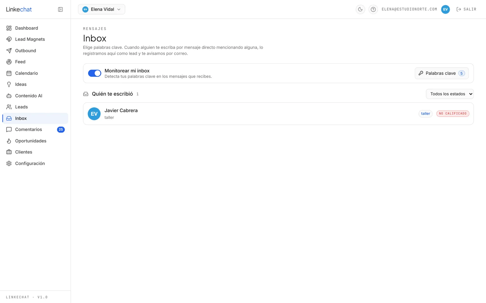 Pantalla de Inbox en Linkechat