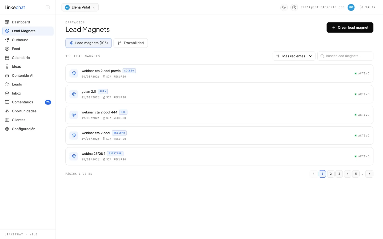 Pantalla de Lead Magnets en Linkechat