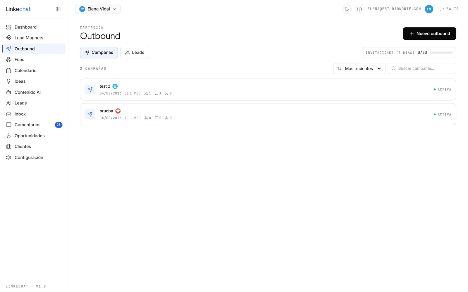 Pantalla de Outbound en Linkechat